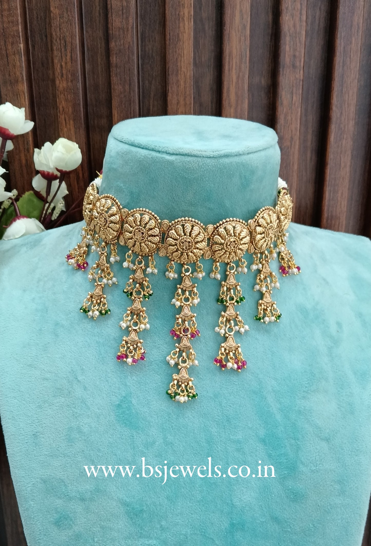 Ruby Green Gold Polki Jhumki Choker Jewellery Agam Set