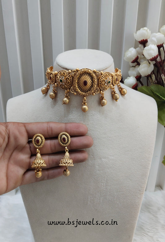 Ruby Green Gold Polki Jhumki Choker Jewellery Bobo Set