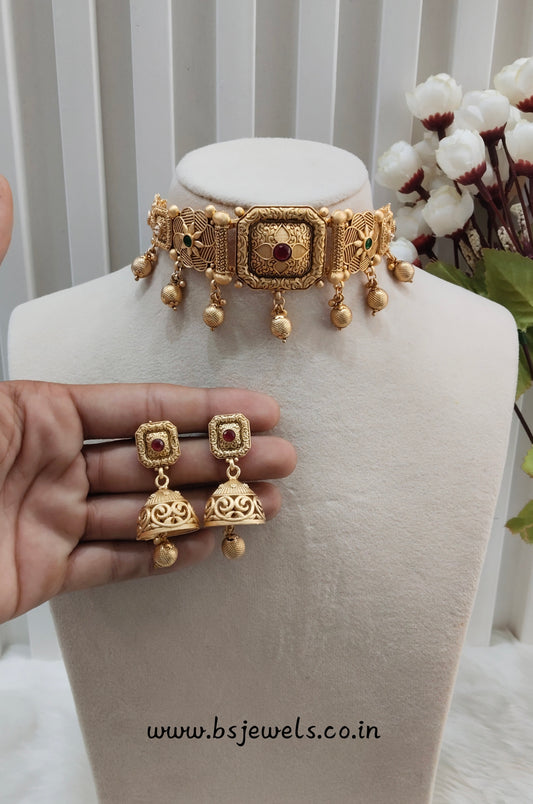 Ruby Green Gold Polki Jhumki Choker Jewellery Bobo Set