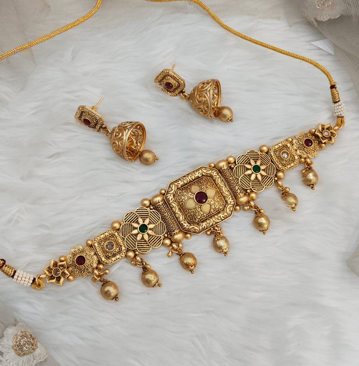 Ruby Green Gold Polki Jhumki Choker Jewellery Bobo Set