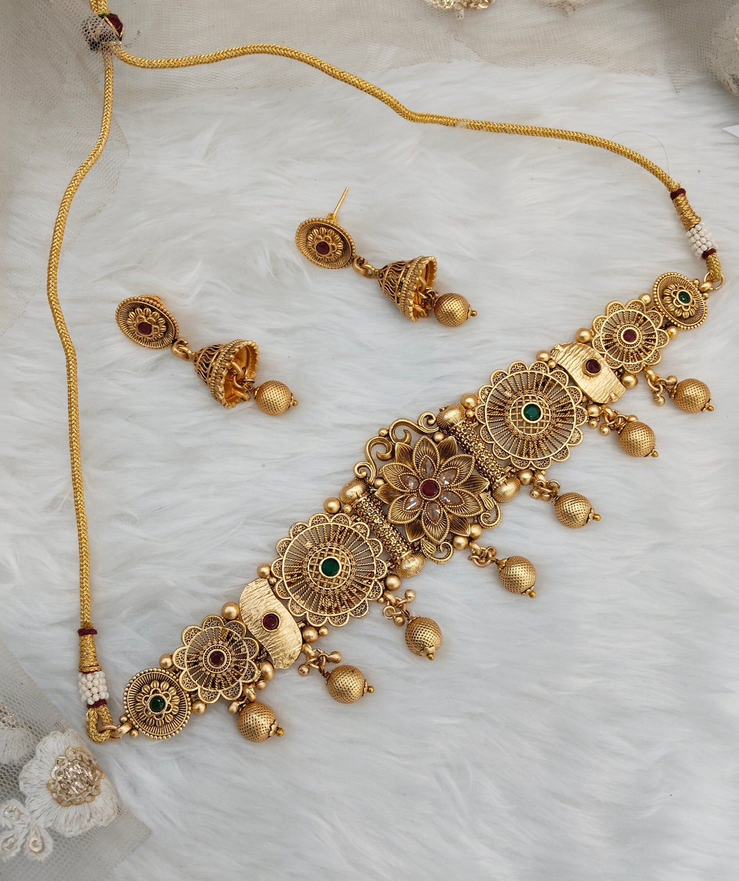 Ruby Green Gold Polki Jhumki Choker Jewellery Bobo Set