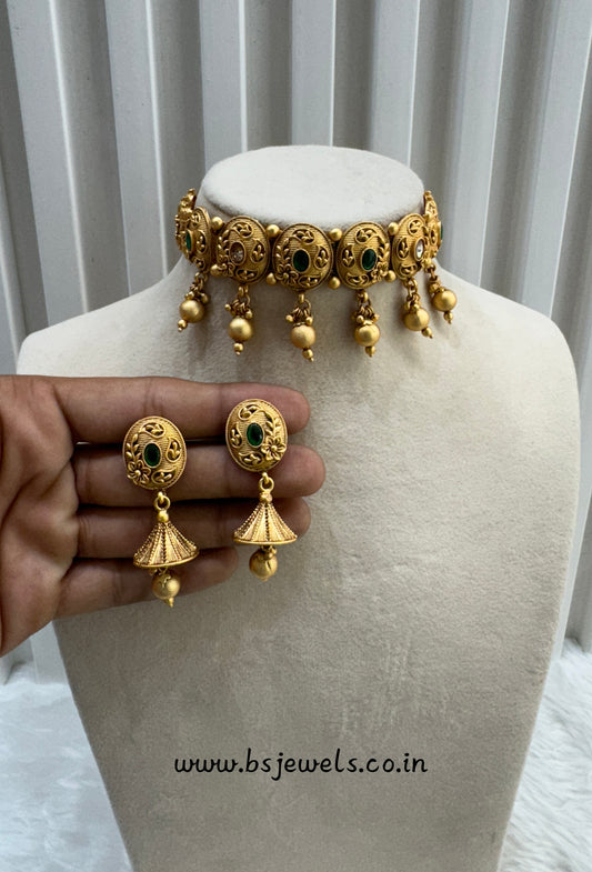 Green Gold Polki Jhumki Choker Jewellery Bobo Set