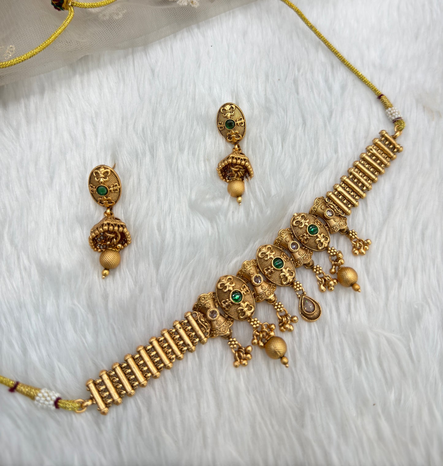 Green Gold Polki Choker Jhumki Jewellery Bobo Set