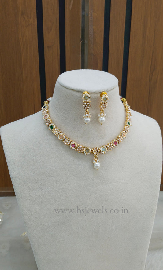Multi Color Gold Polki Necklace Jewellery Gandhi Set