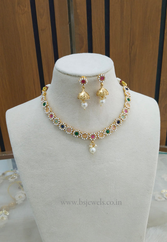 Multi Color Gold Polki Necklace Jewellery Gandhi Set