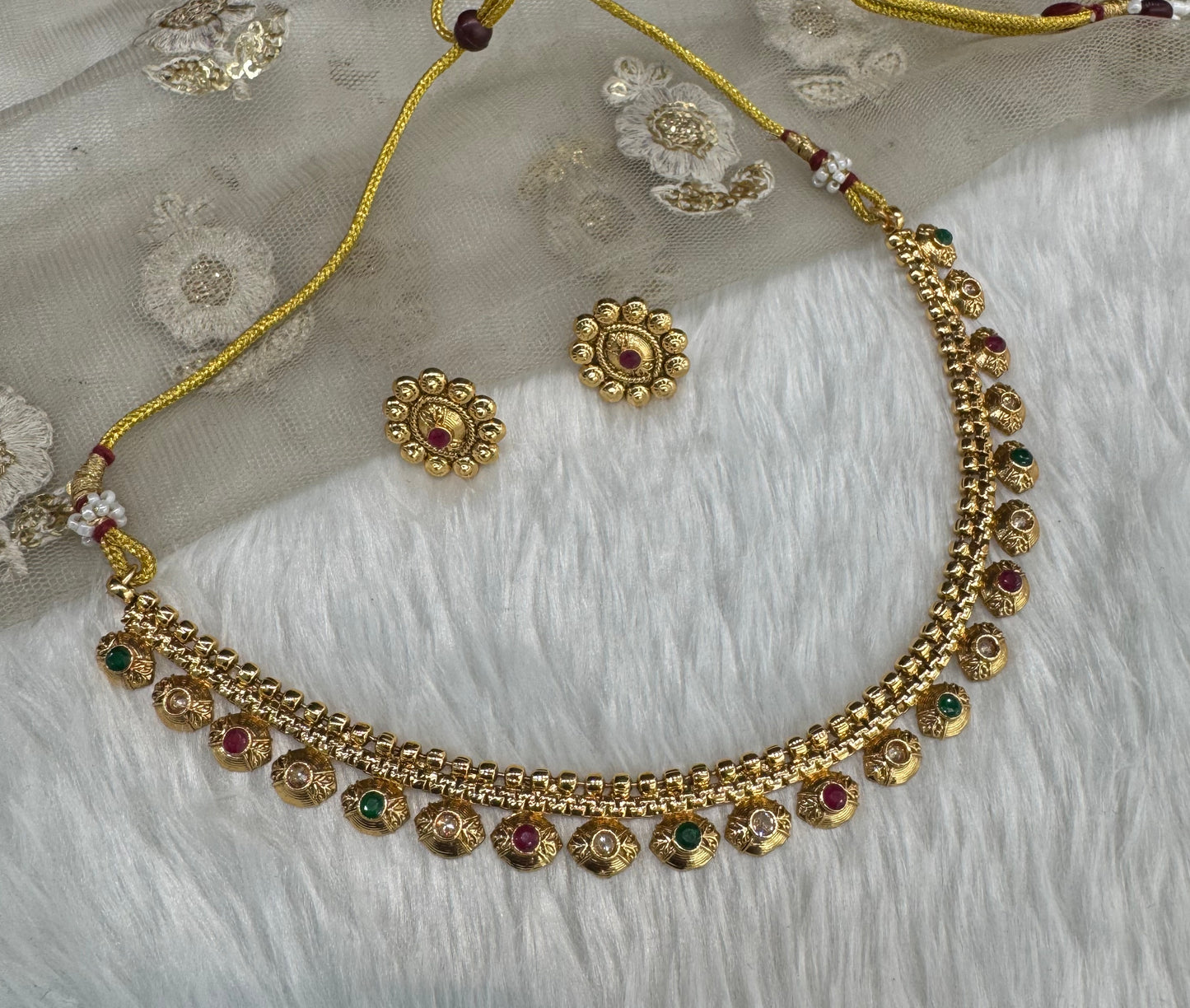 Ruby Green Gold Polki Necklace Jewellery Pawan Set