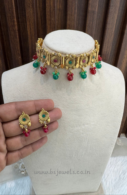 Ruby Green Gold Polki Choker Jewellery Bobo Set