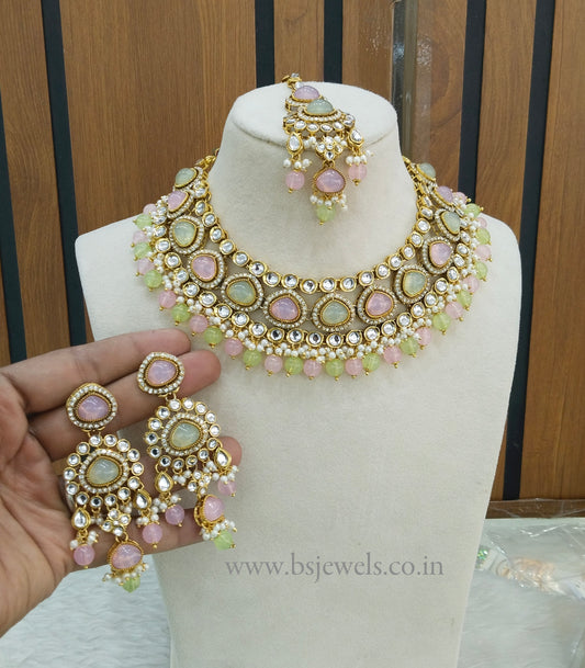 Mint Pink Kundan Necklace Jewellery Ehimay Set