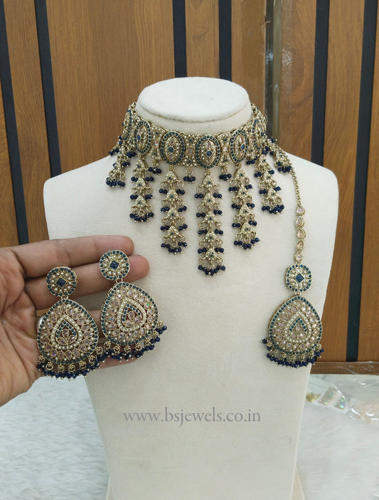 Blue Antique Gold Choker Jewellery Inder Set