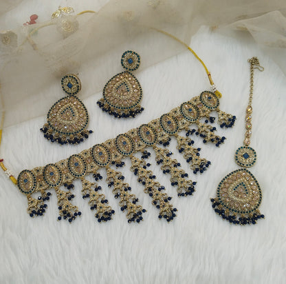 Blue Antique Gold Choker Jewellery Inder Set