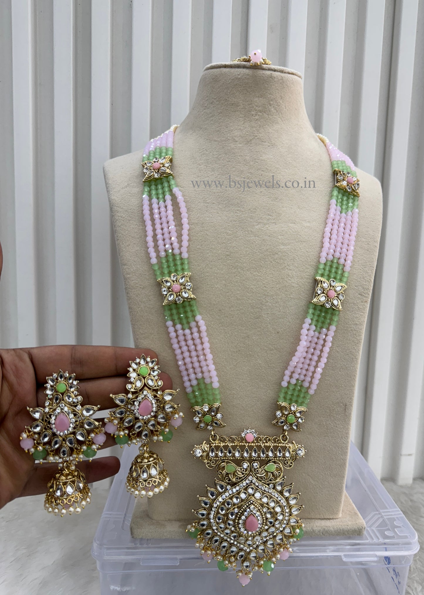 Mint Pink Kundan Rani Haar Indian Jewelry Set