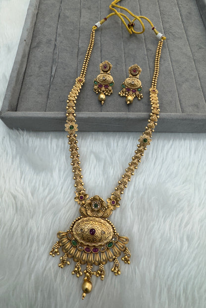 Gold Ruby Green Polki Long Rani Haar Necklace Jewellery Set