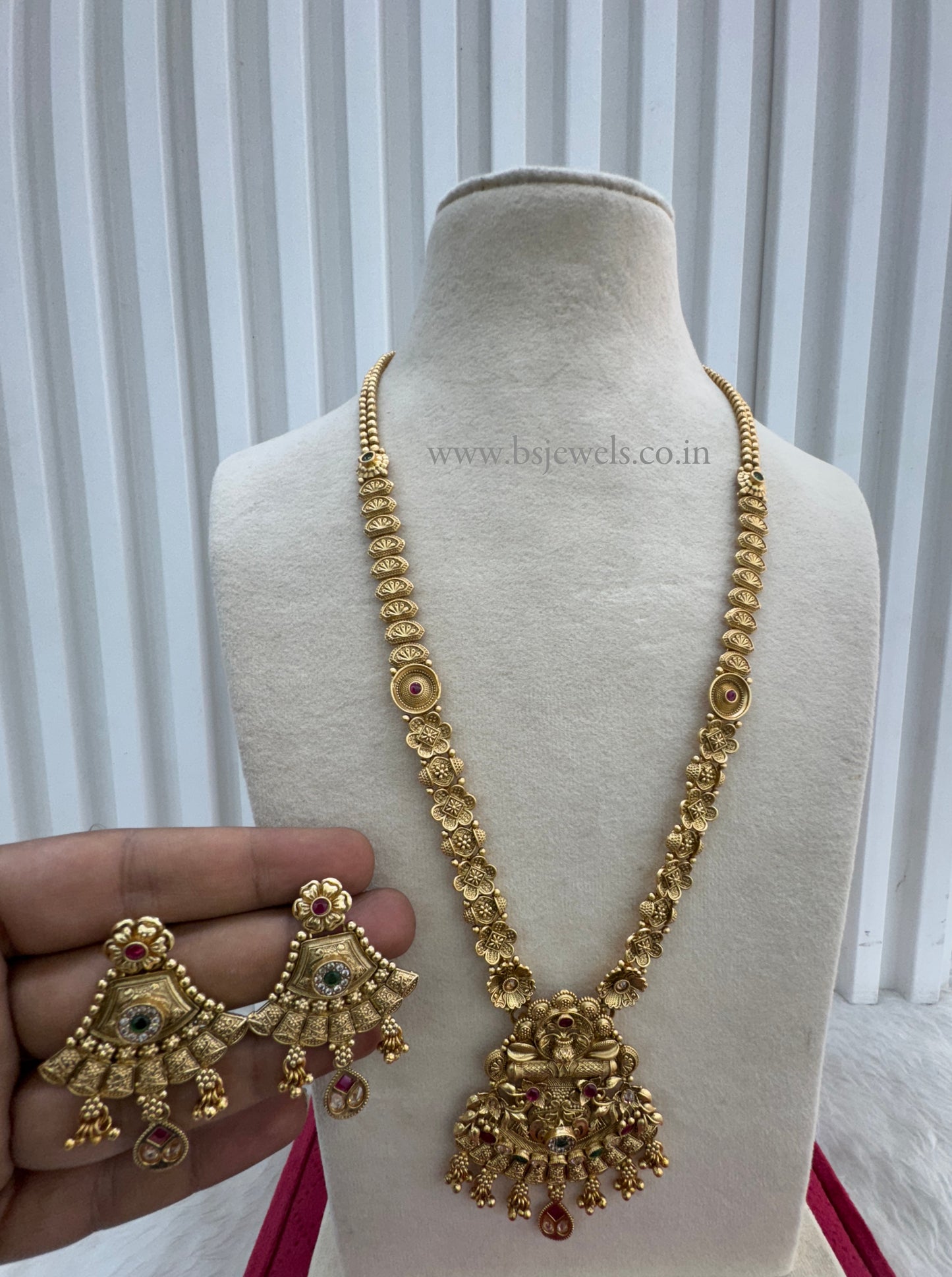Gold Ruby Green Polki Long Rani Haar Necklace Jewellery Set