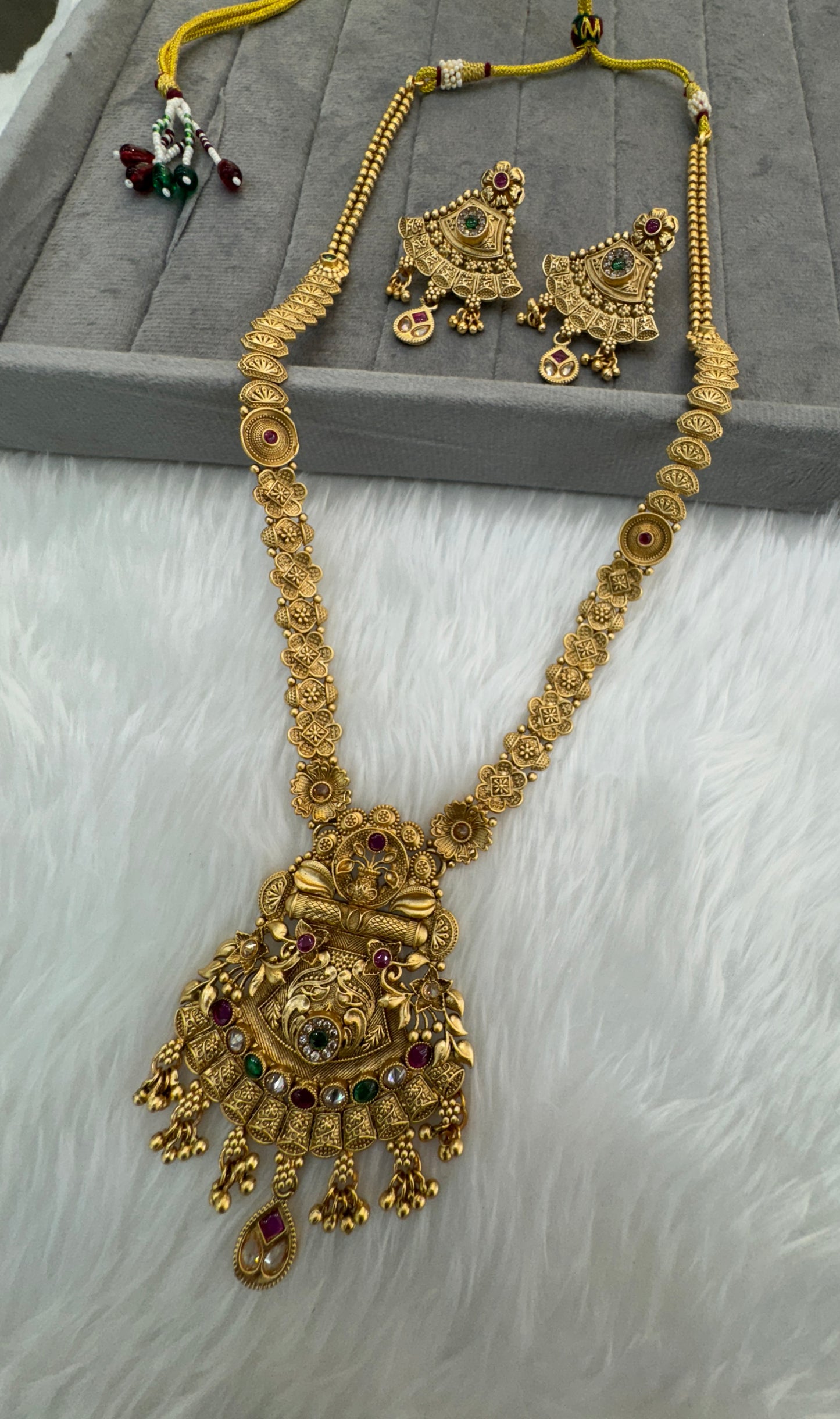Gold Ruby Green Polki Long Rani Haar Necklace Jewellery Set