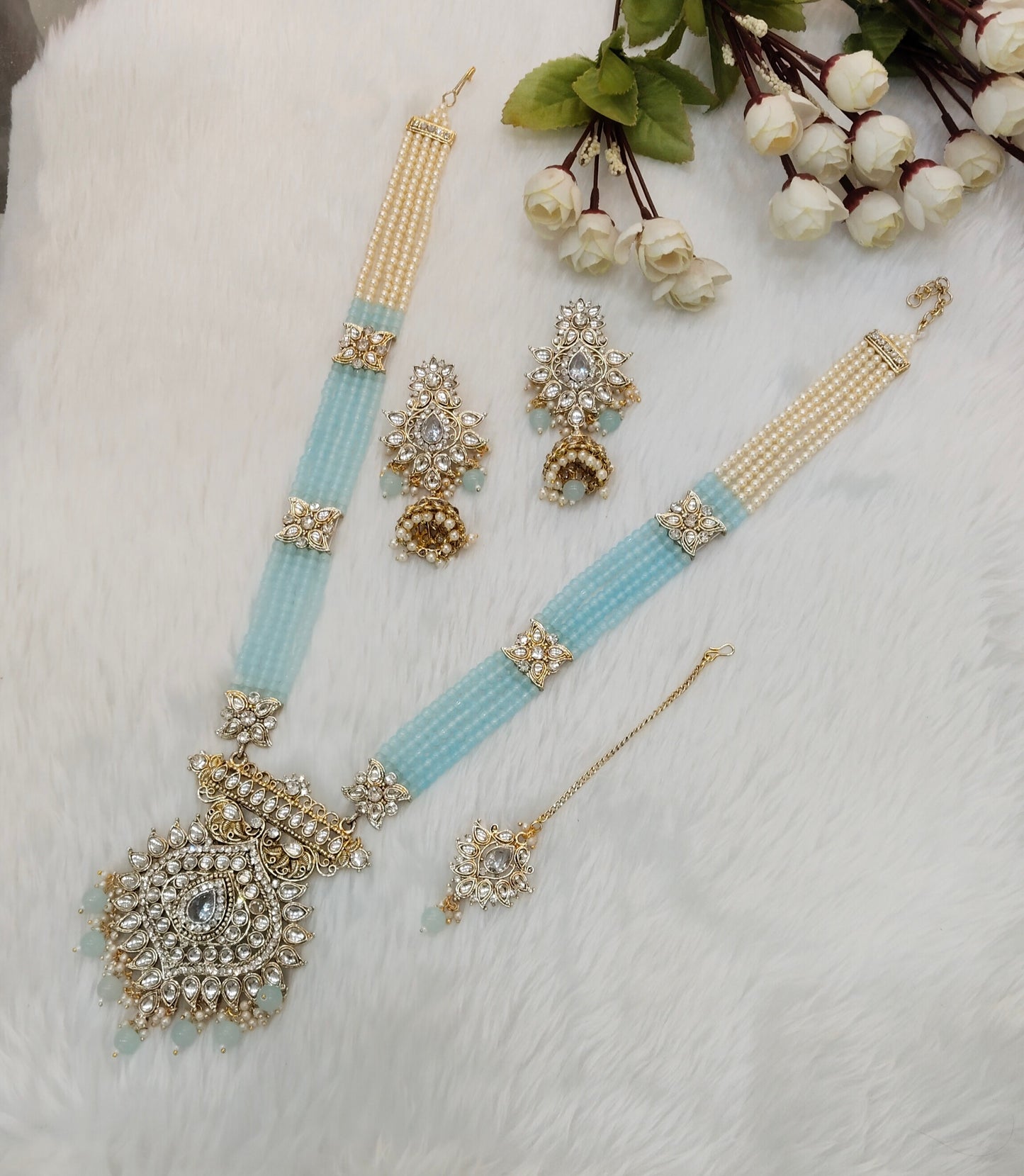 Sea Green Kundan Rani Haar Indian Jewelry Set