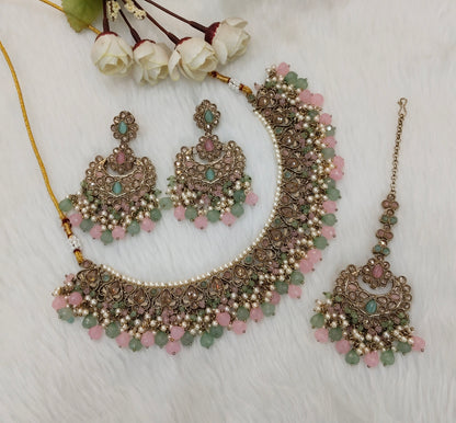 Mint Pink Antique Gold Necklace Jewellery Prisha Set