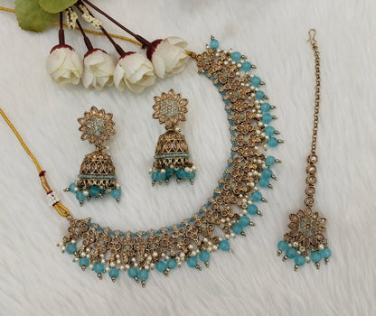 Sky Blue Antique Gold Necklace Jewellery Gurjot Set