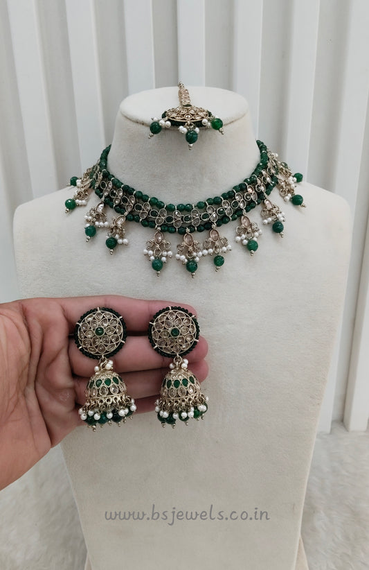 Green Antique Gold Necklace Jewellery Gurjot Set