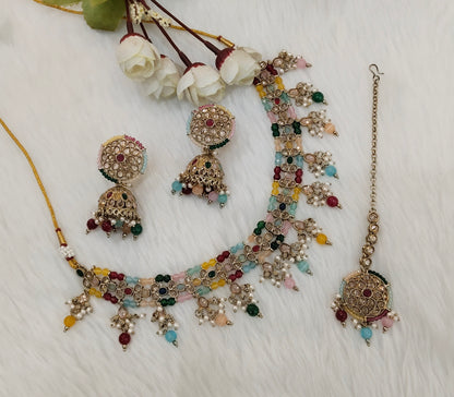 Multi Color Antique Gold Necklace Jewellery Gurjot Set