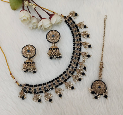 Blue Antique Gold Necklace Jewellery Gurjot Set