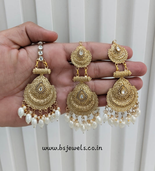 White Gold Polki Punjabi Style Earrings and Tikka
