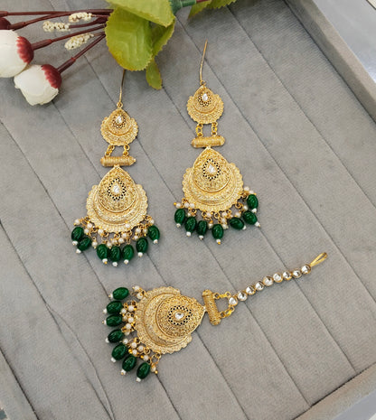 Green Gold Polki Punjabi Style Earrings and Tikka