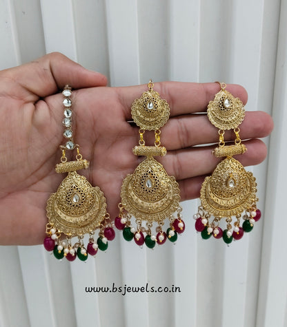 Ruby Green Gold Polki Punjabi Style Earrings and Tikka