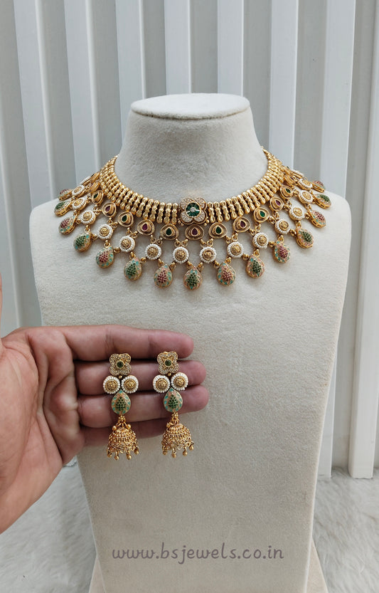 Ruby Green Gold Polki Necklace Jewellery Mulajam Set