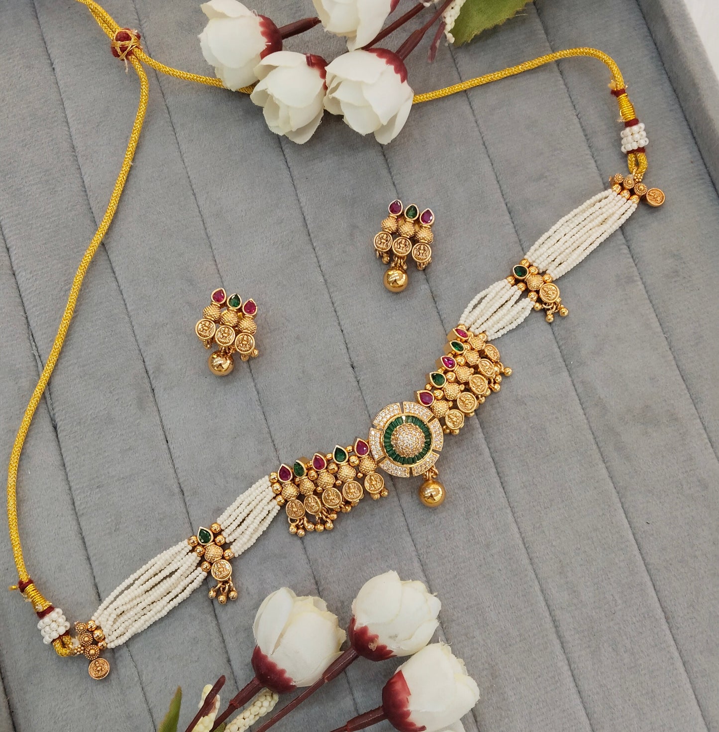 Ruby Green Gold Polki Choker Jewellery Kishu Set