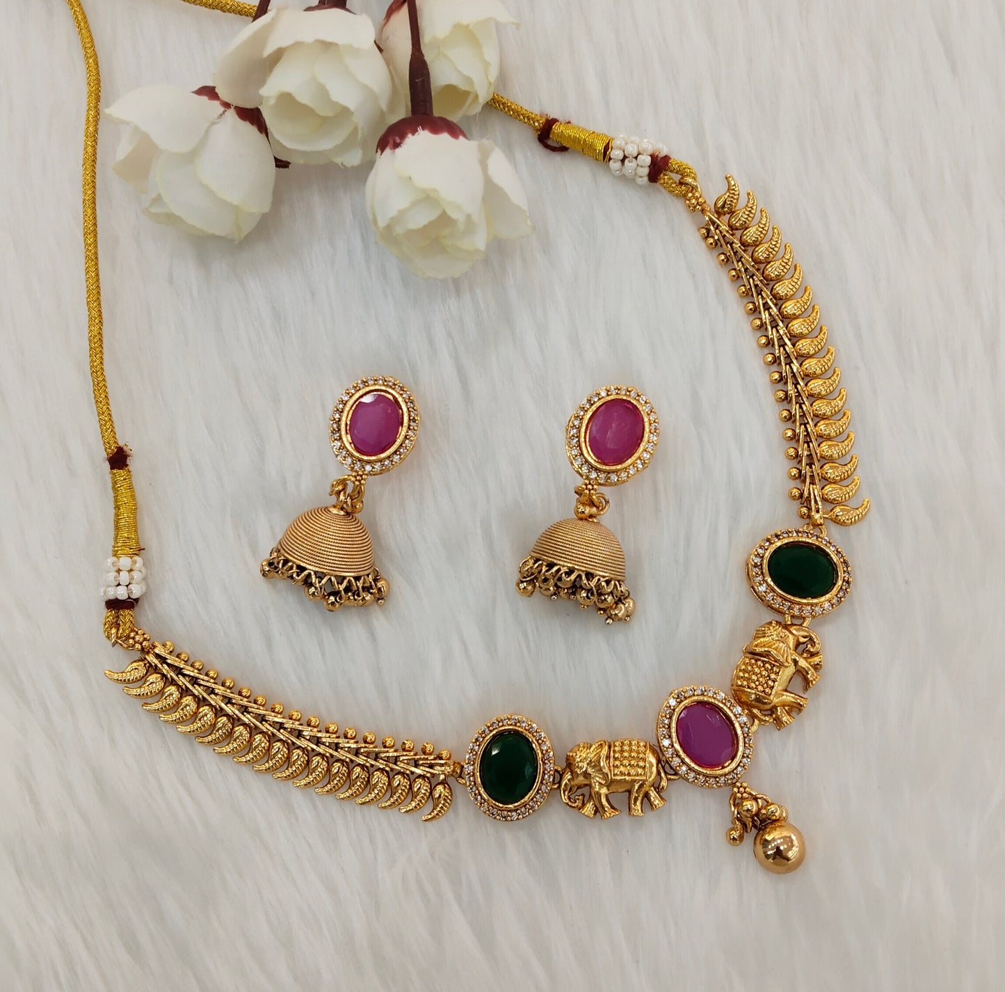Ruby Green Gold Polki Necklace Jewellery Mulajam Set