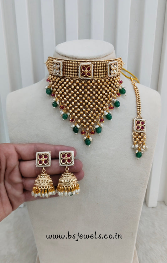 Ruby Green Gold Polki Choker Jewellery Kishu Set