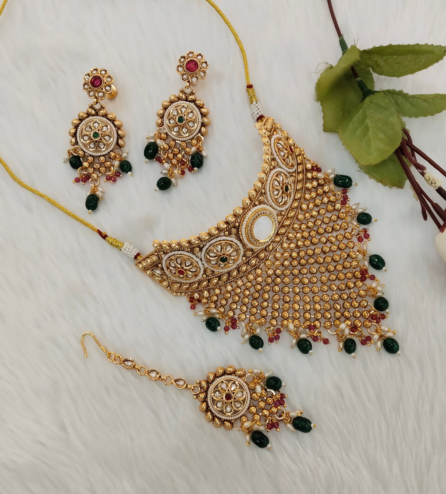 Ruby Green Gold Polki Choker Jewellery Kishu Set