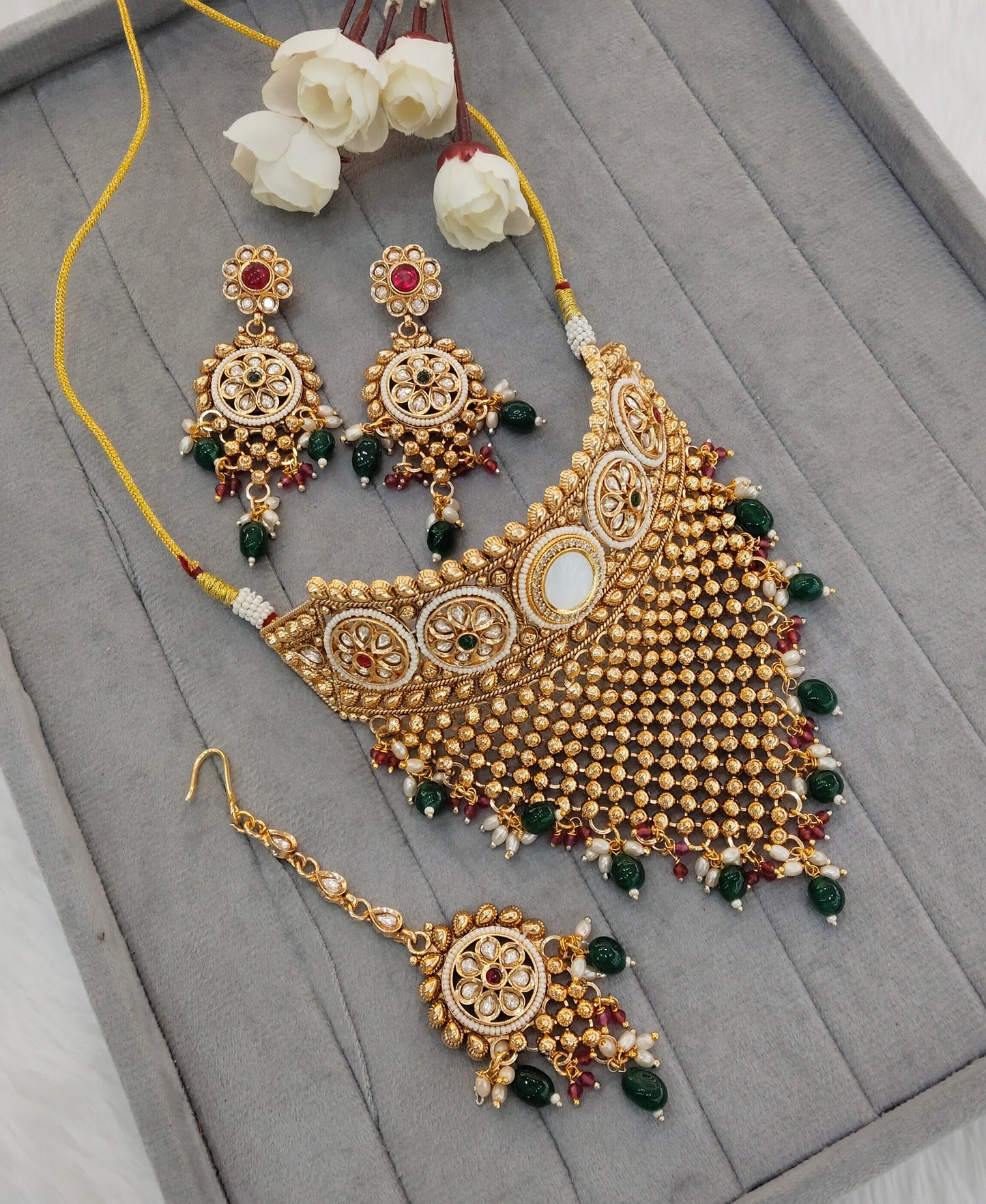 Ruby Green Gold Polki Choker Jewellery Kishu Set