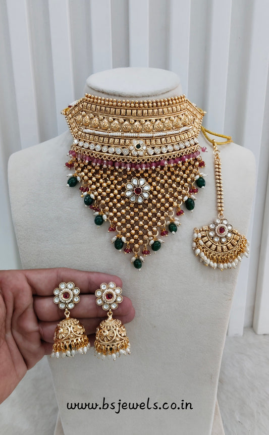 Ruby Green Gold Polki Choker Jewellery Kishu Set