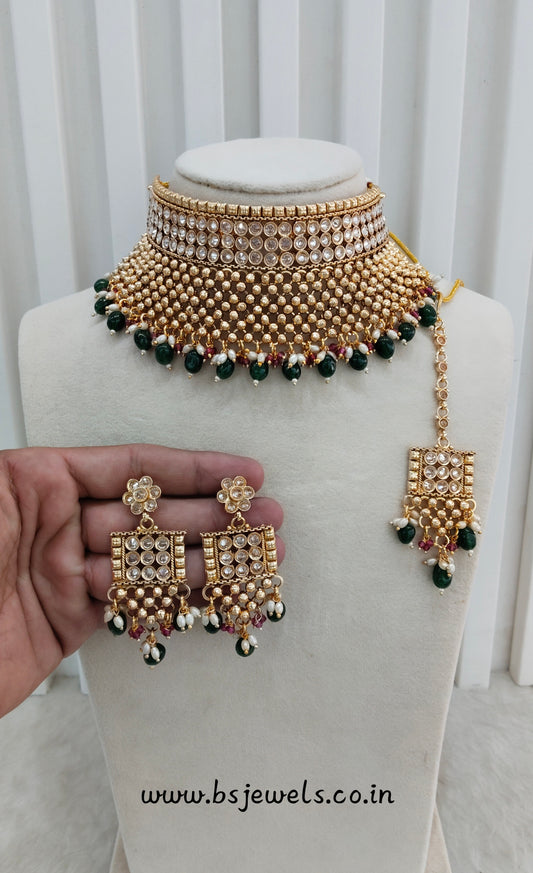 Green Gold Polki Choker Jewellery Kishu Set