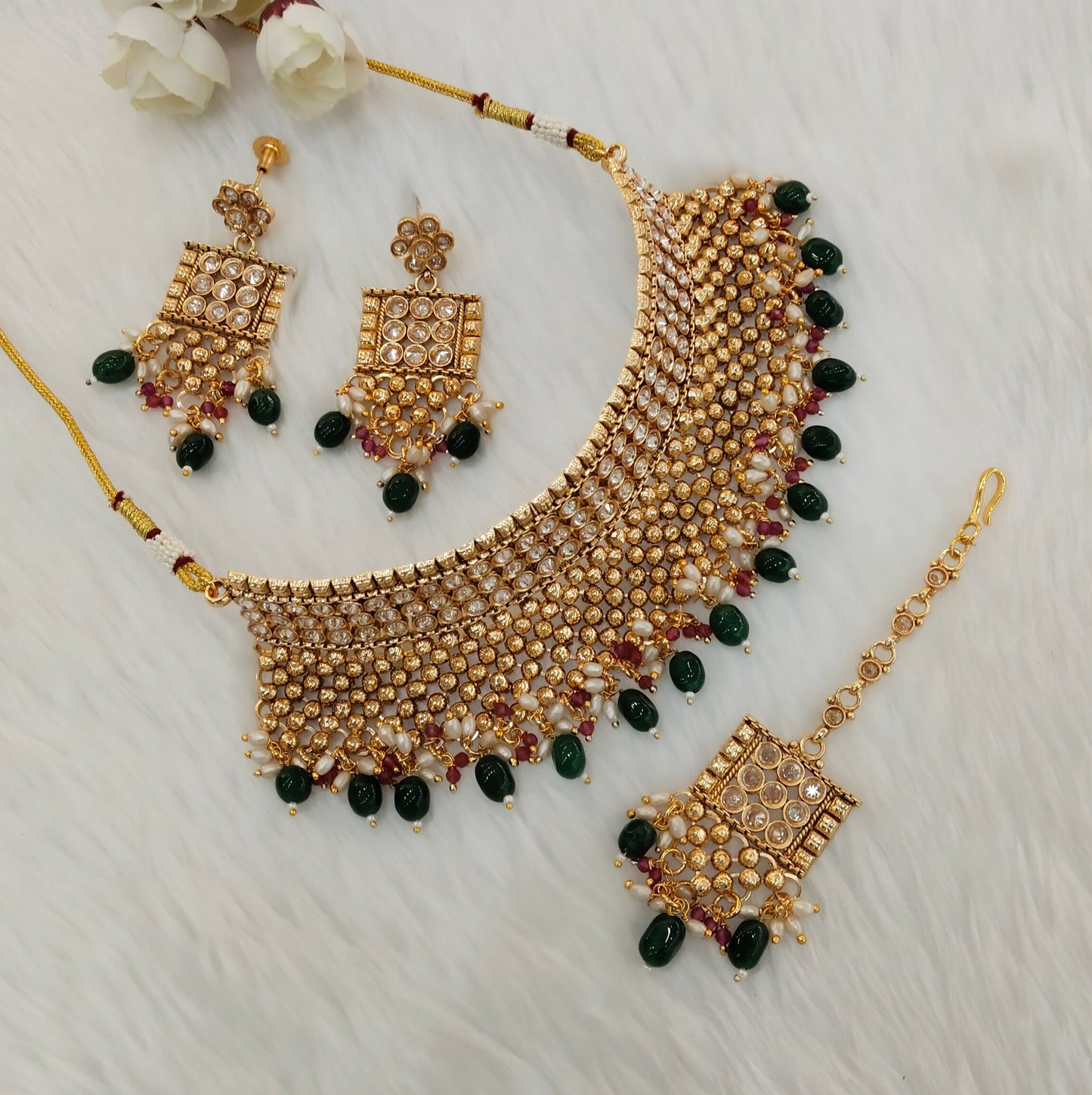 Green Gold Polki Choker Jewellery Kishu Set