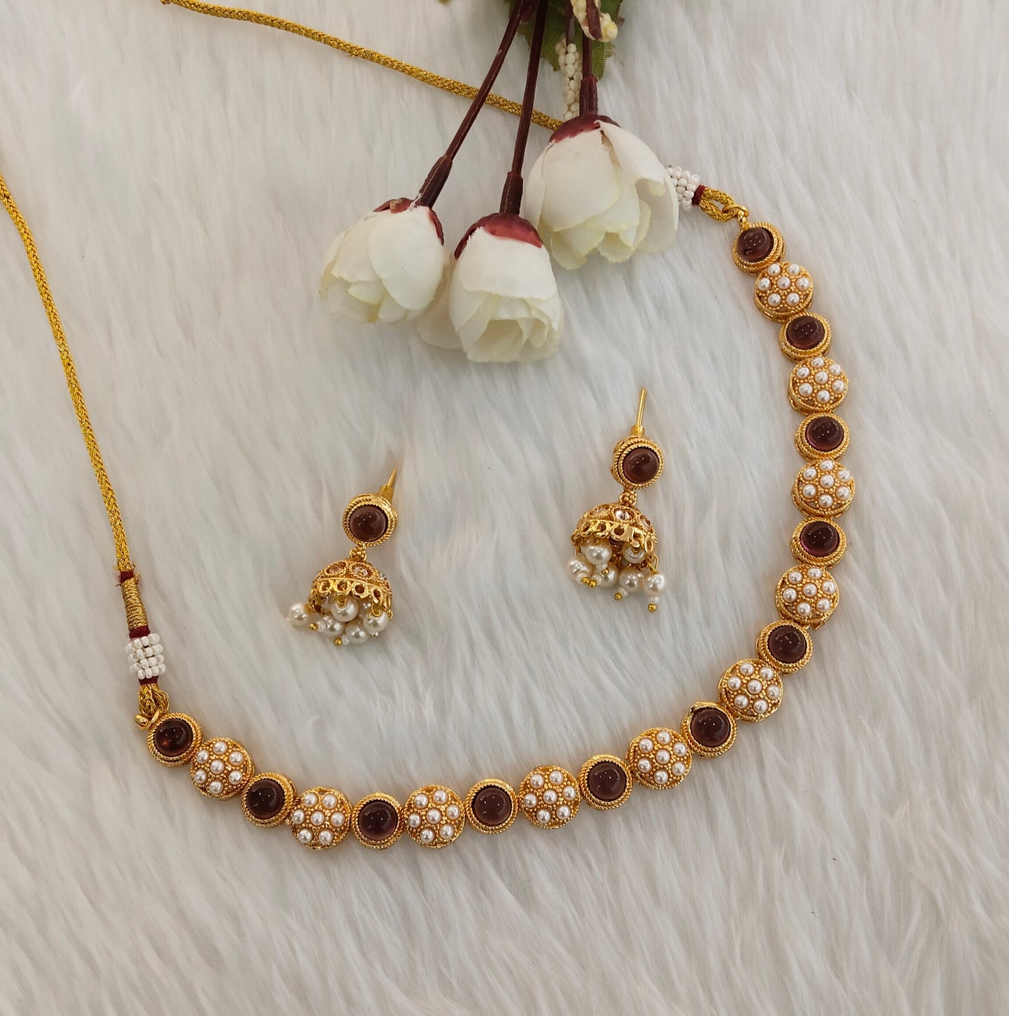 Maroon Gold Polki Necklace Jewellery Kataria Set