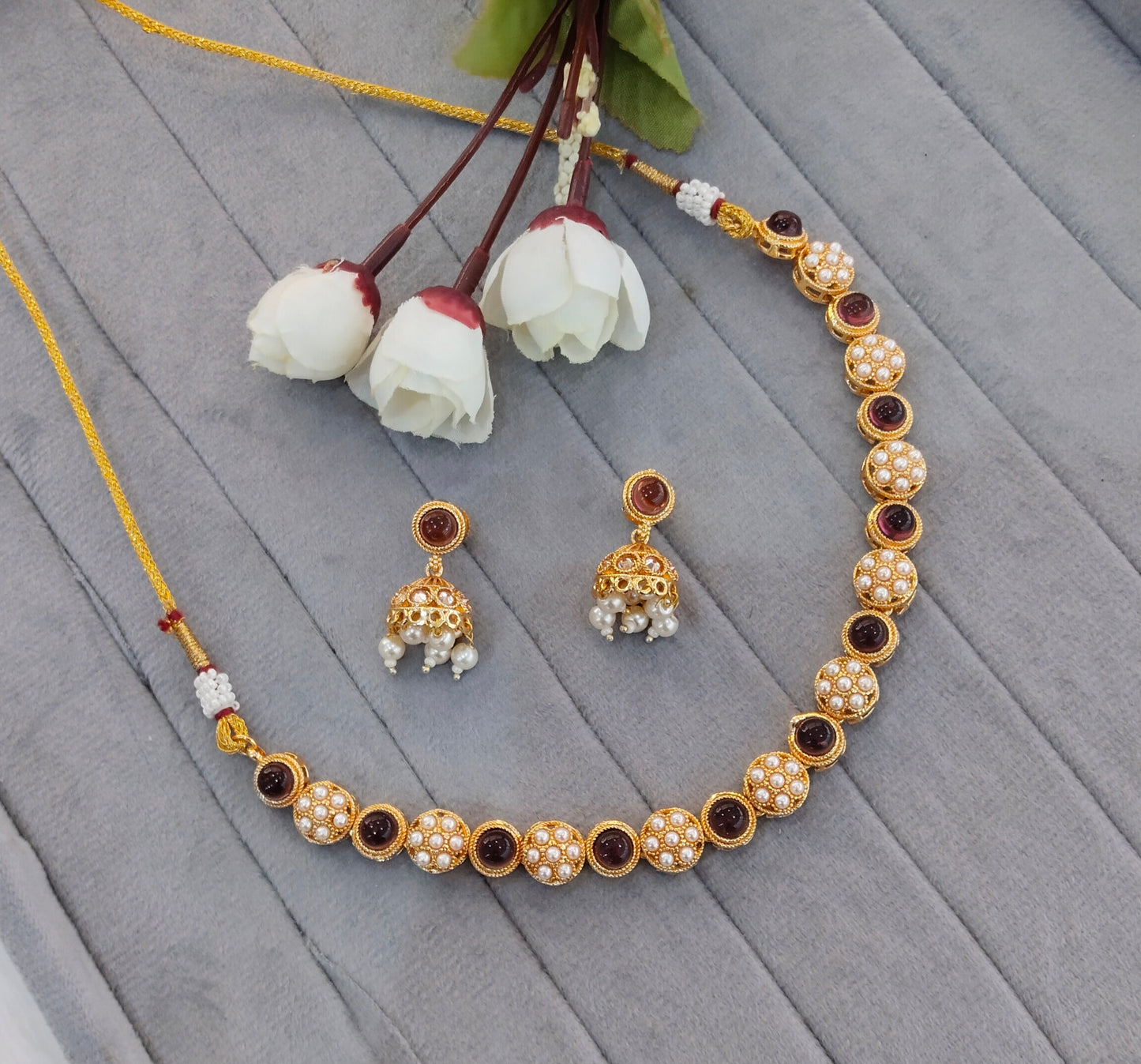 Maroon Gold Polki Necklace Jewellery Kataria Set