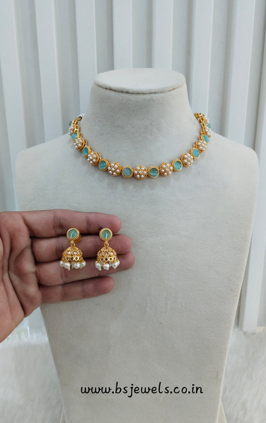 Sky Blue Gold Polki Necklace Jewellery Kataria Set