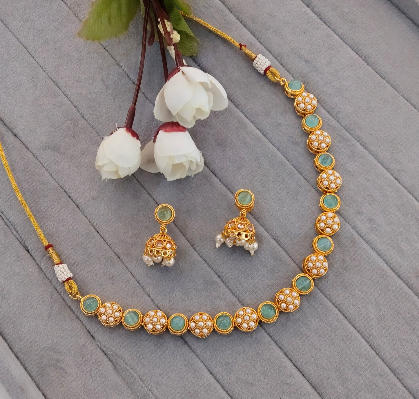 Sky Blue Gold Polki Necklace Jewellery Kataria Set