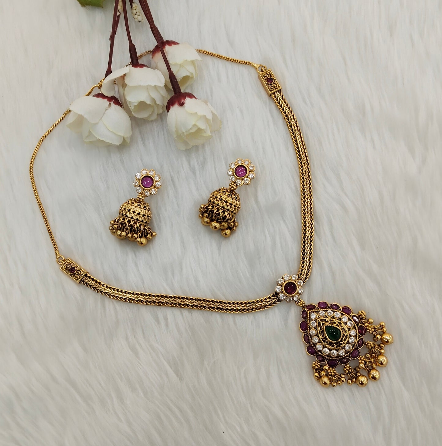 Ruby Green Gold Polki Necklace Jewellery Gurleen Set