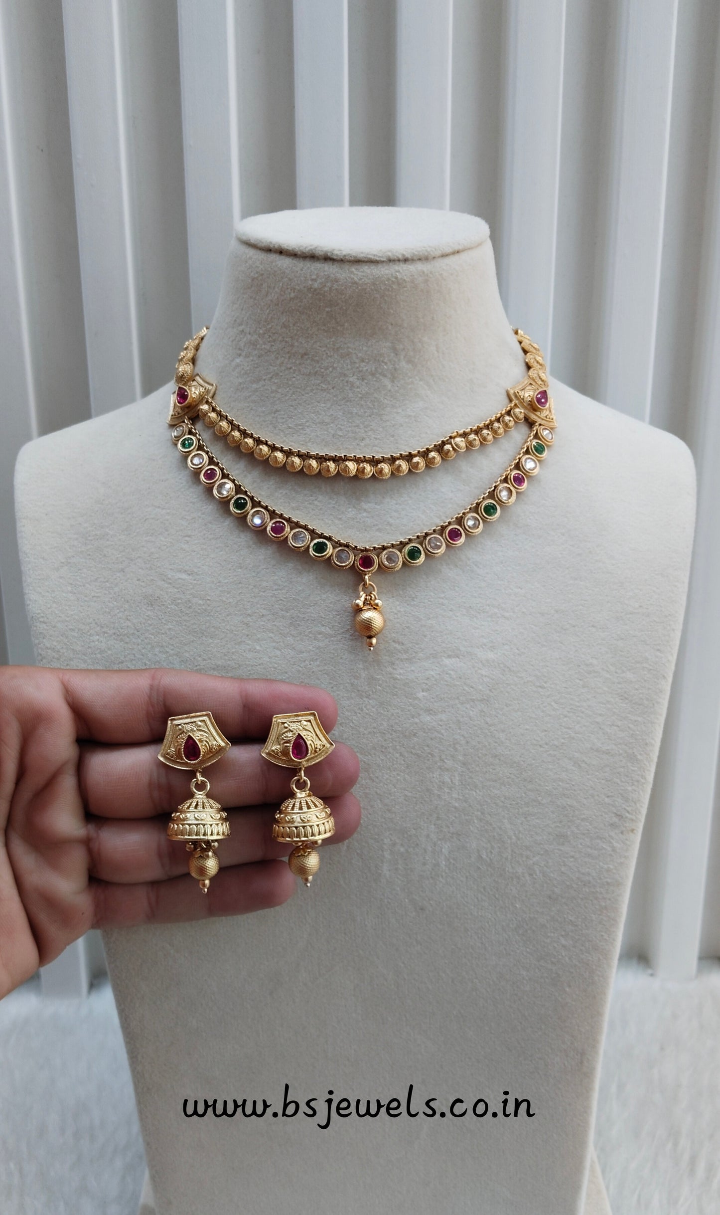 Ruby Green Gold Polki Necklace Jewellery Pawan Set