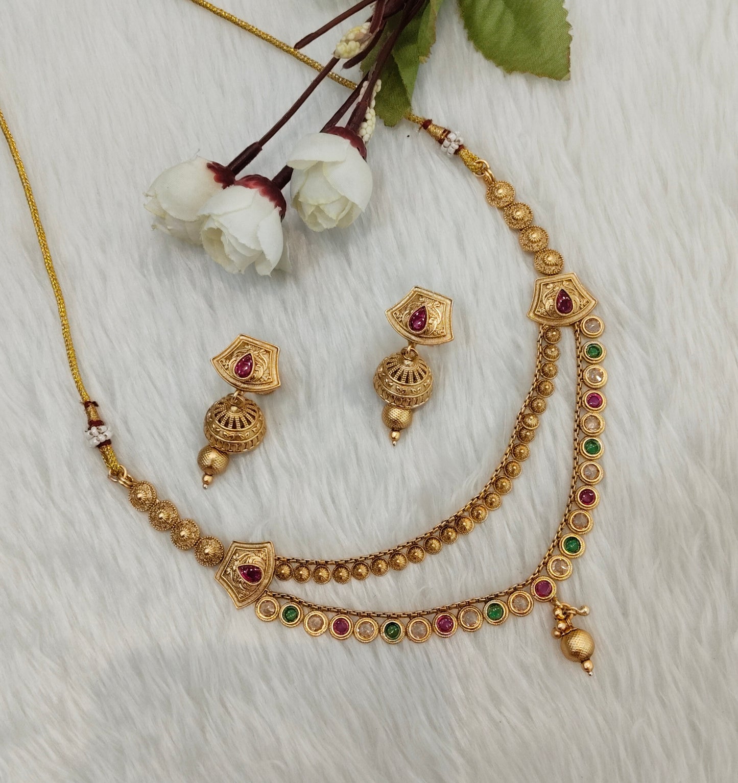 Ruby Green Gold Polki Necklace Jewellery Pawan Set