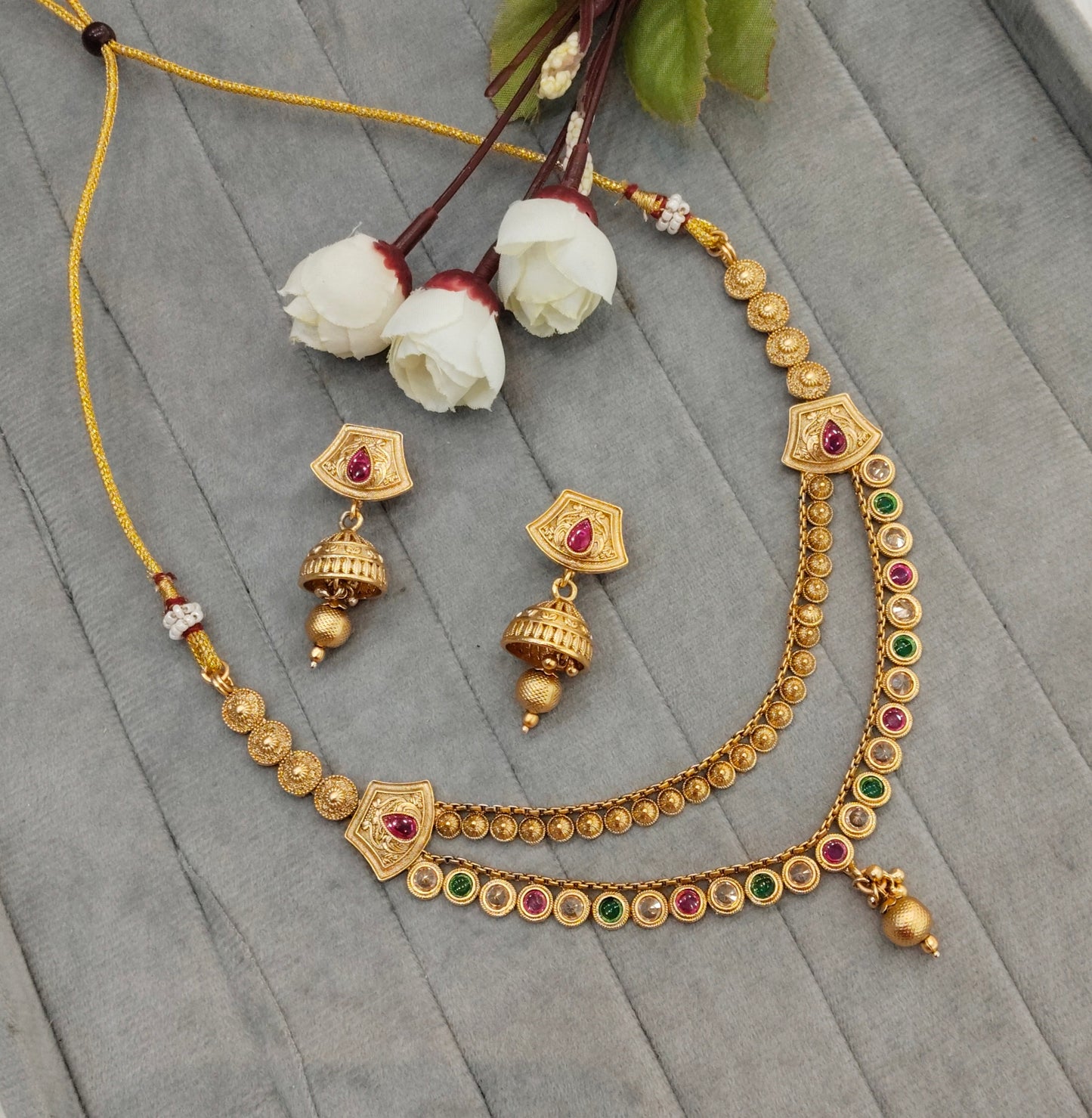 Ruby Green Gold Polki Necklace Jewellery Pawan Set