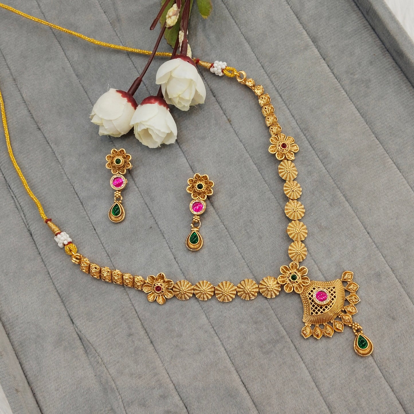 Ruby Green Gold Polki Necklace Jewellery Pawan Set
