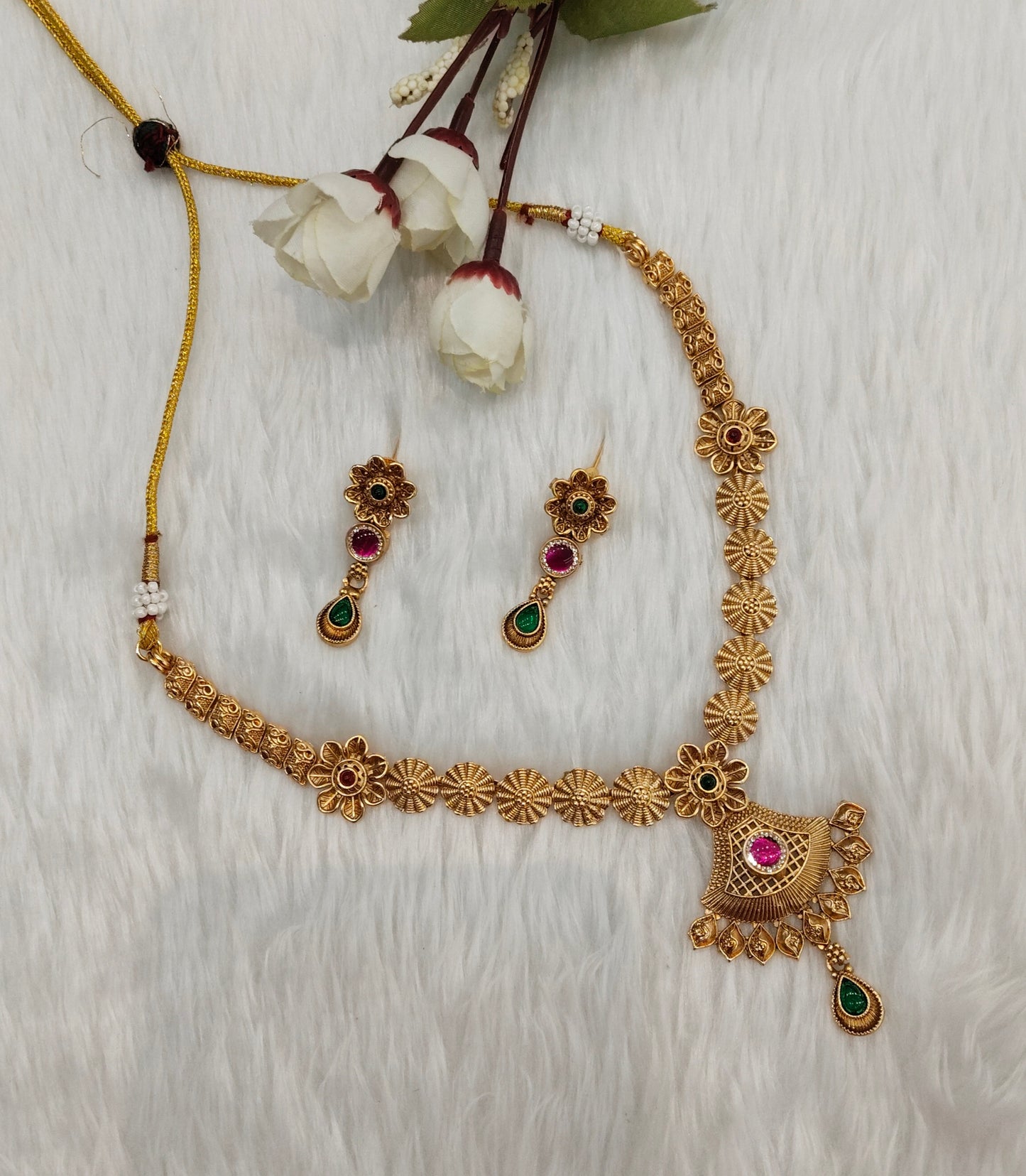 Ruby Green Gold Polki Necklace Jewellery Pawan Set