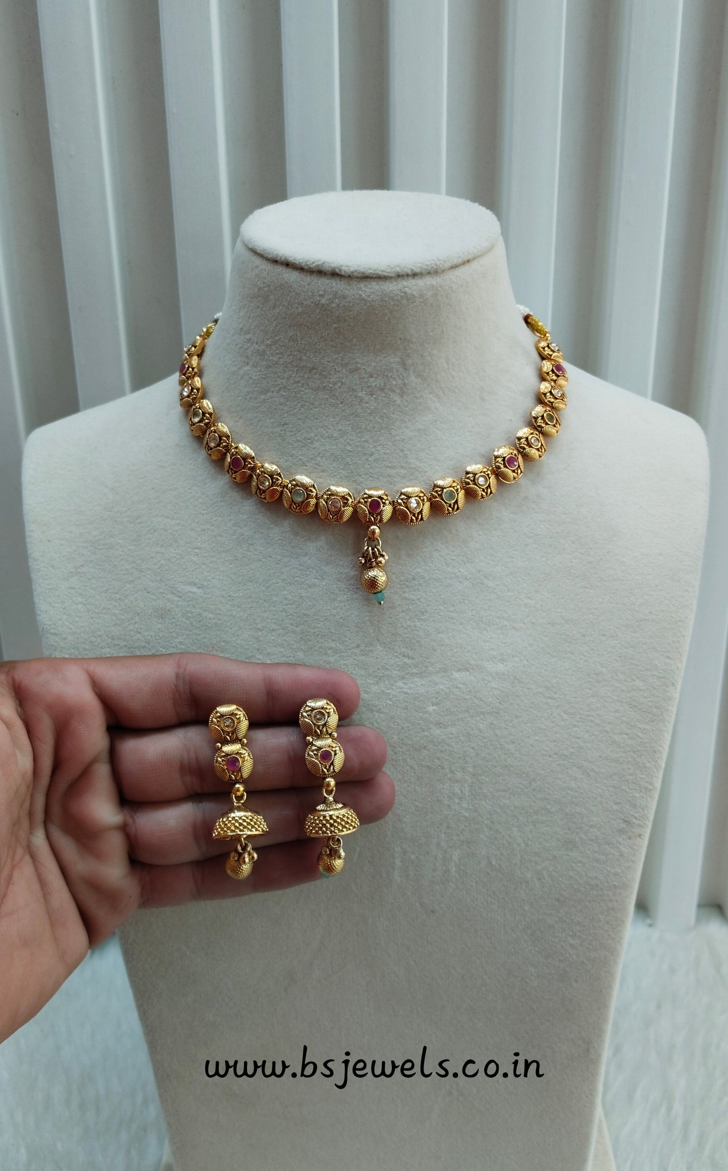 Ruby Sea Green Gold Polki Necklace Jewellery Pawan Set