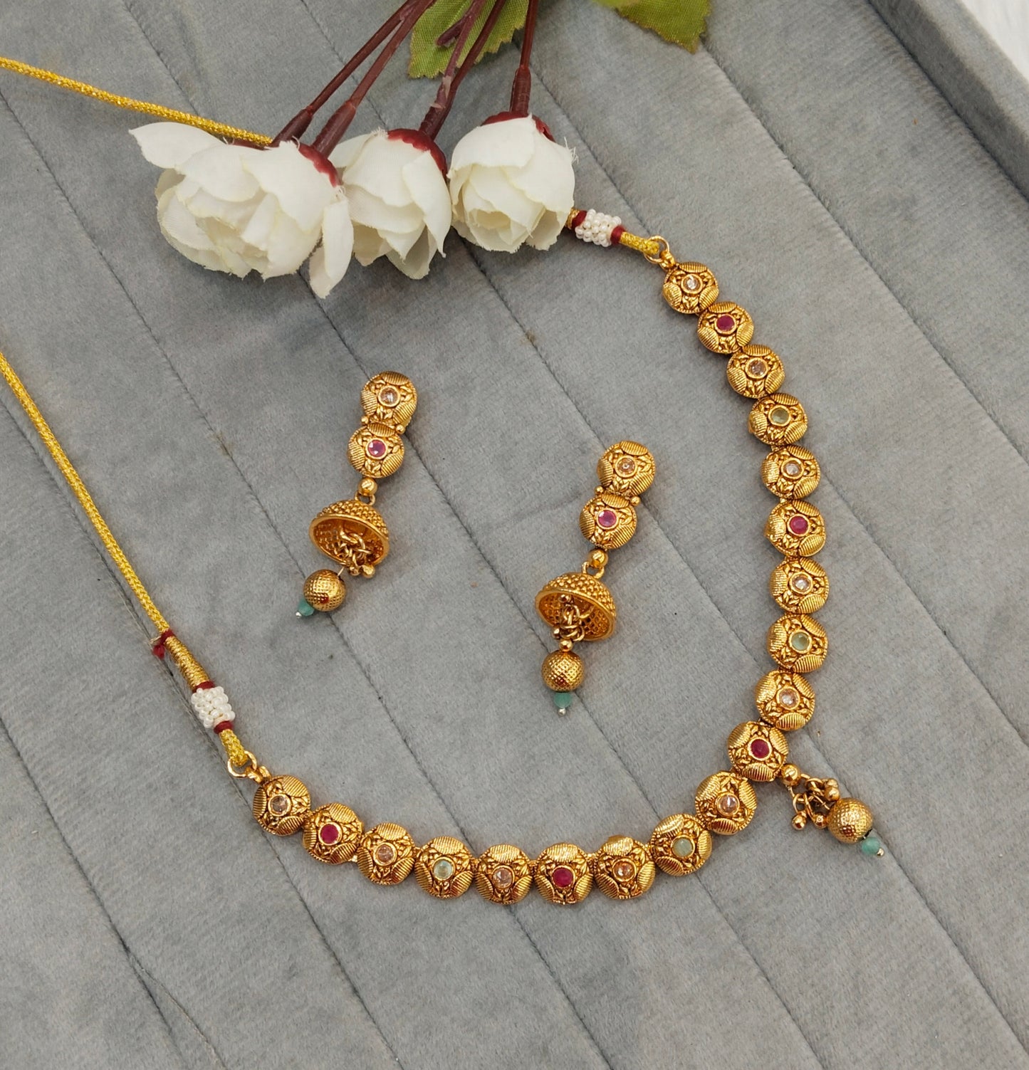 Ruby Sea Green Gold Polki Necklace Jewellery Pawan Set