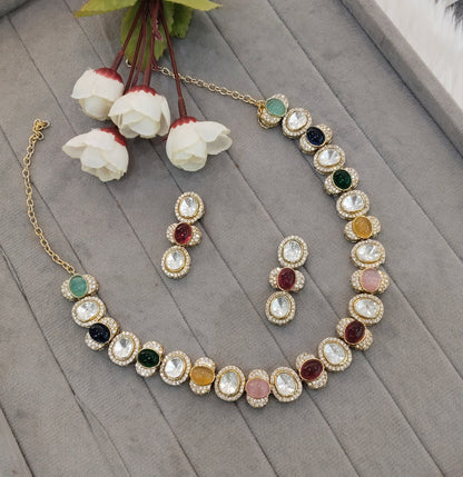 Multi Color Gold Moissanite Kundan Necklace Jewellery Sonalika Set