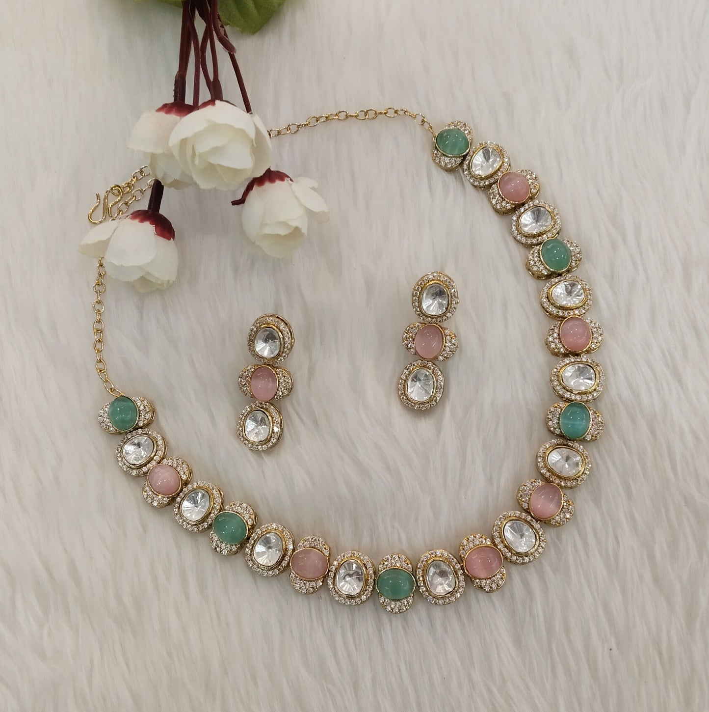 Mint Pink Gold Moissanite Kundan Necklace Jewellery Sonalika Set